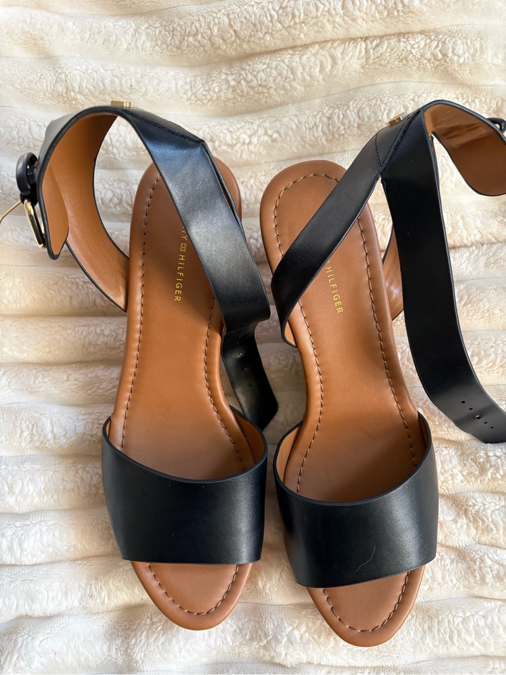 Tommy Hilfiger Black Leather Wedge Sandals with Tan Footbed